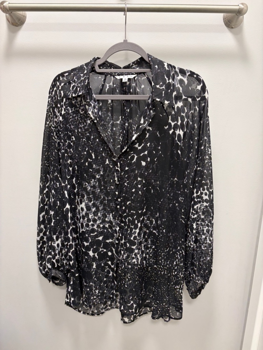 CAbi Black & White Printed Button-Front Sheer Blouse